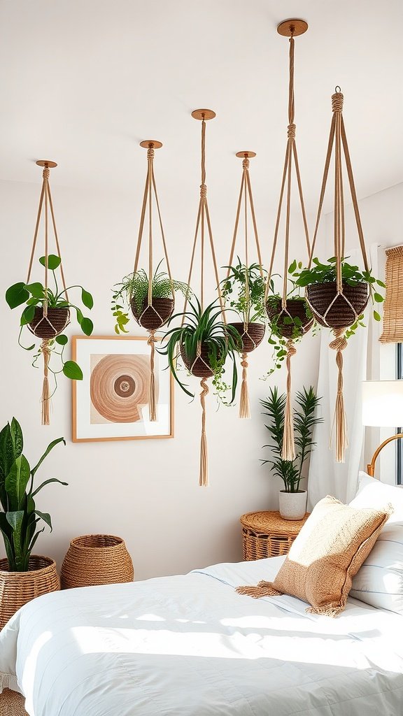 Hanging plants in a modern boho bedroom, showcasing various greenery and natural materials.