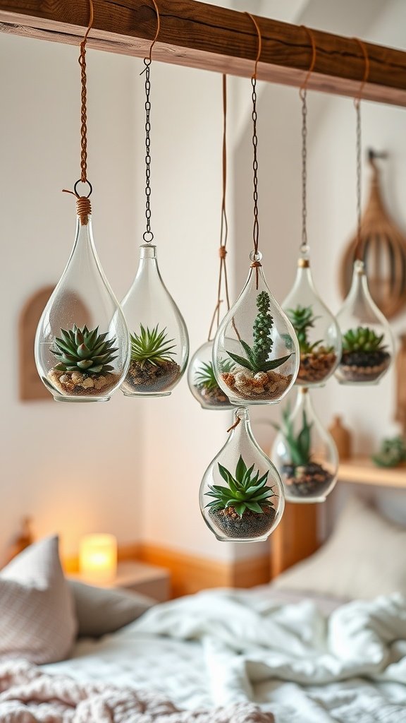 Hanging glass terrariums with plants in a cozy bedroom