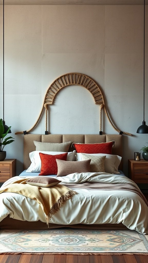 A cozy modern boho bedroom with a woven headboard attached to the wall, soft bedding, and decorative cushions.