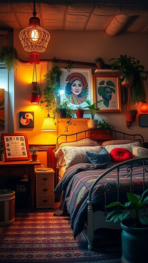 A cozy teenager's bedroom with colorful decor, plants, and unique artwork.