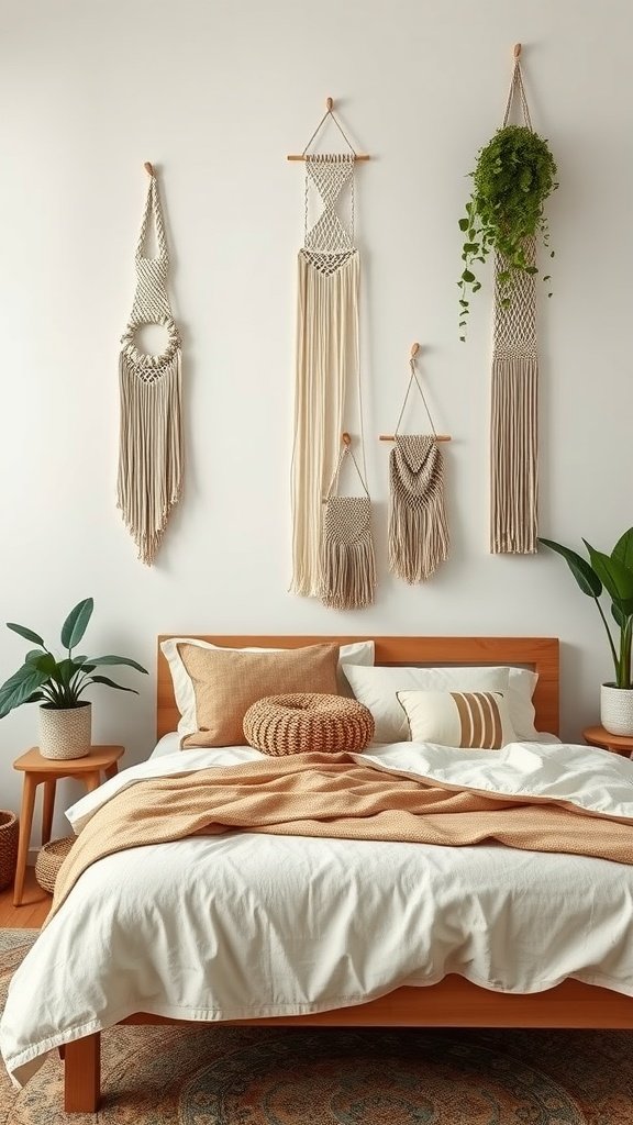 A cozy Boho bedroom featuring a wooden bed, soft linens, and macramé wall hangings.