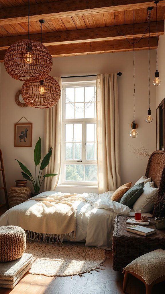 A cozy Mid-Century bedroom featuring woven lighting fixtures and earthy decor.