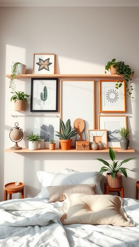 Gallery shelf in a modern boho bedroom featuring plants and framed art