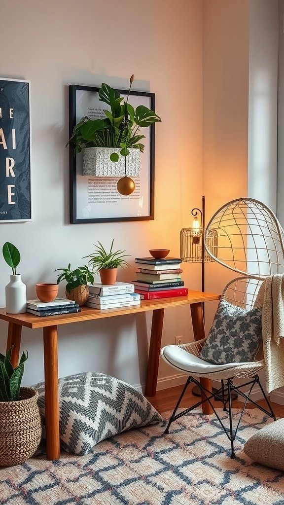 A cozy corner with a wooden table filled with books and plants, alongside a stylish egg chair, in a modern boho bedroom setting.