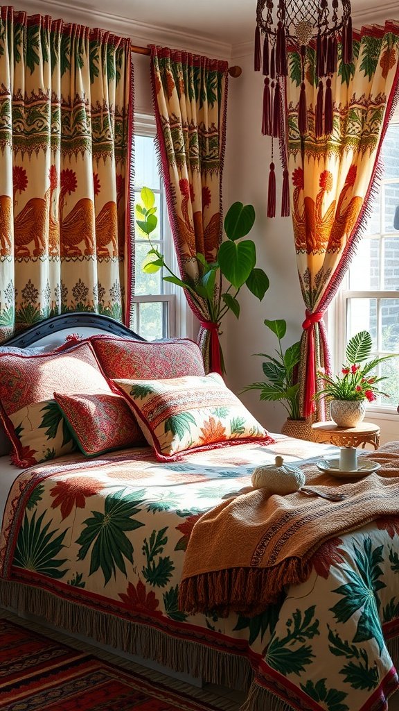 A vibrant and stylish modern Boho bedroom featuring exotic patterns in bedding and curtains.