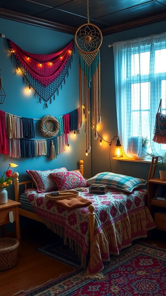 A cozy bohemian-style teenager's bedroom featuring colorful wall hangings, fairy lights, and a wooden bed with vibrant bedding.