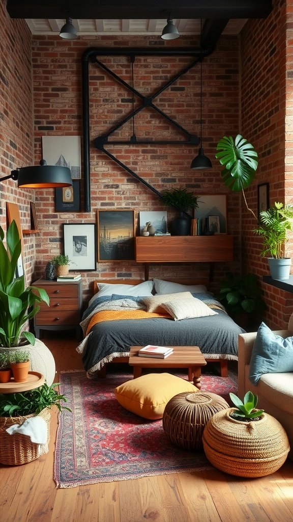 An industrial boho bedroom featuring exposed brick walls, cozy bedding, and a variety of plants, showcasing rustic boho style.