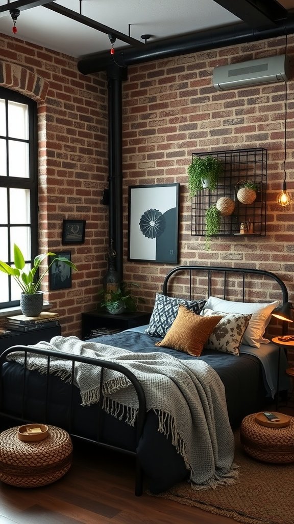 Industrial chic bedroom with exposed brick wall, black metal bed frame, and decorative boho elements