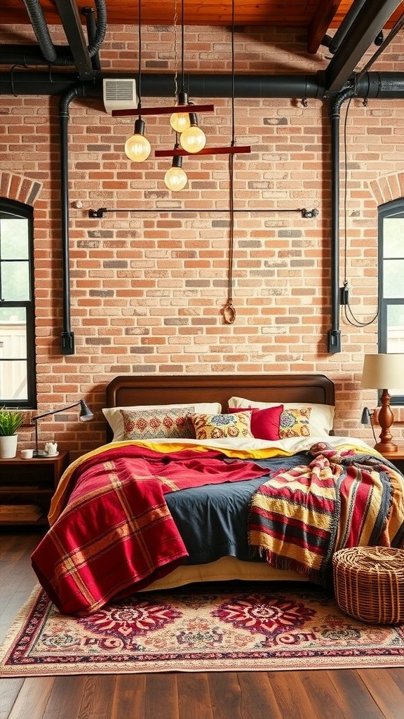 A cozy industrial chic bedroom featuring an exposed brick wall, wooden bed frame with colorful throws and pillows, and modern pendant lighting.