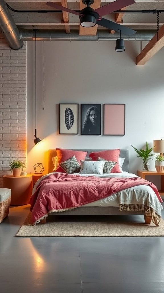 A cozy bedroom featuring a pink boho style with industrial elements.