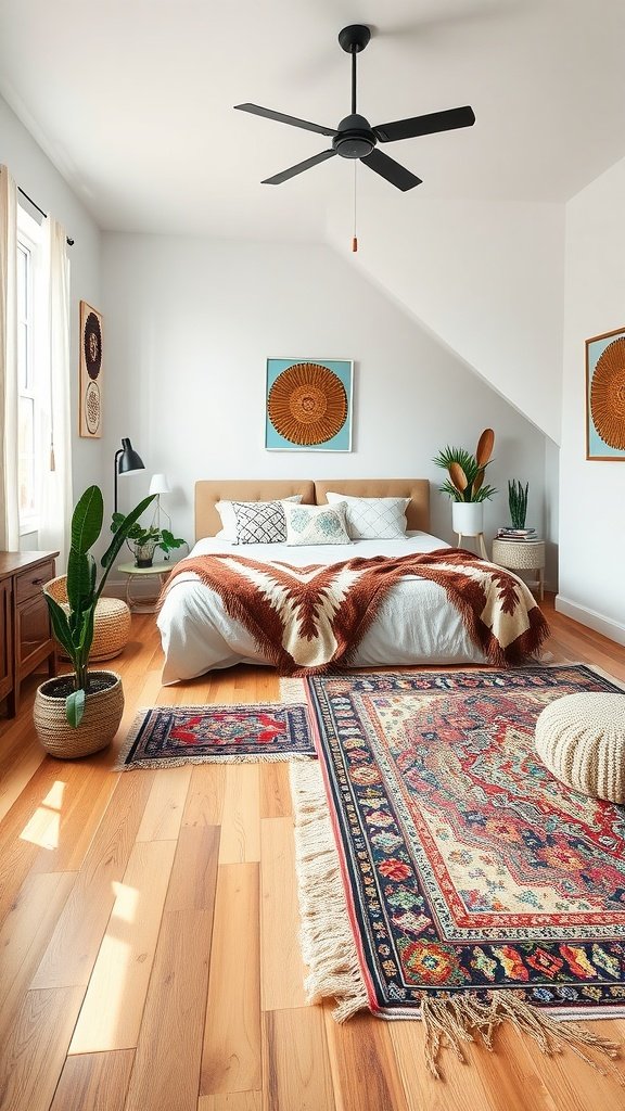 A modern boho bedroom with hardwood floors, colorful rugs, and cozy bedding.