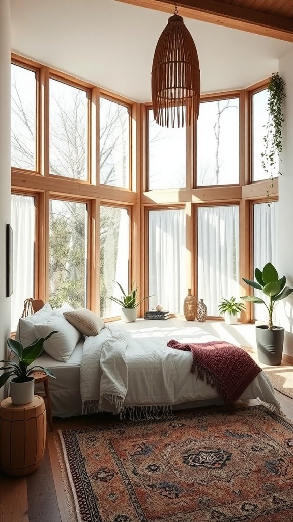 A bright, minimalist bedroom with large windows, soft bedding, and plants, embodying boho style.