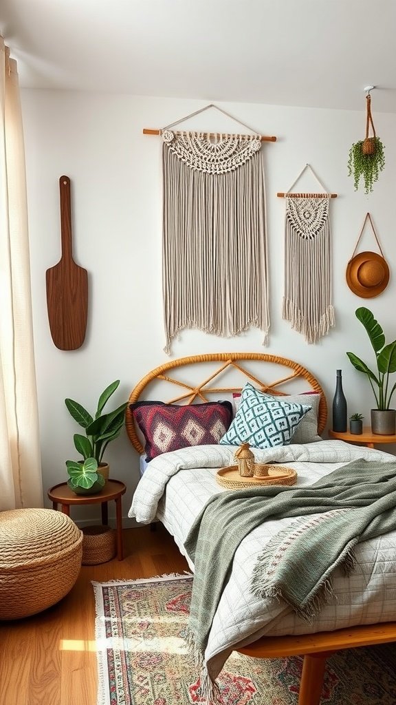 A cozy Modern Boho Bedroom with macramé wall hangings, rattan bed frame, patterned cushions, and indoor plants.