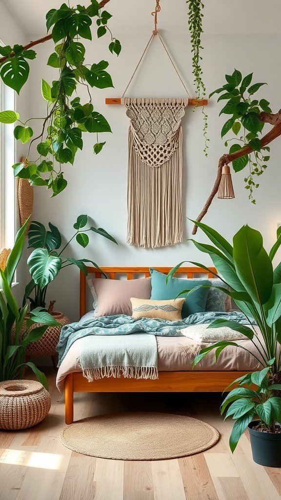 A beautifully decorated jungle-inspired bedroom with plants, a wooden bed frame, and cozy textiles.