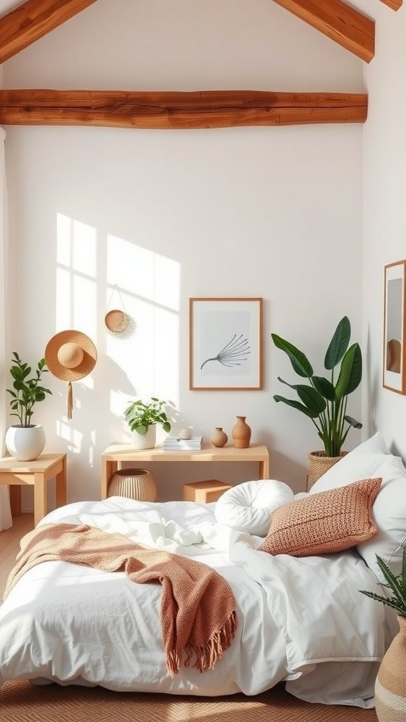 A minimalist bedroom featuring white bedding, wooden accents, and simple decor.