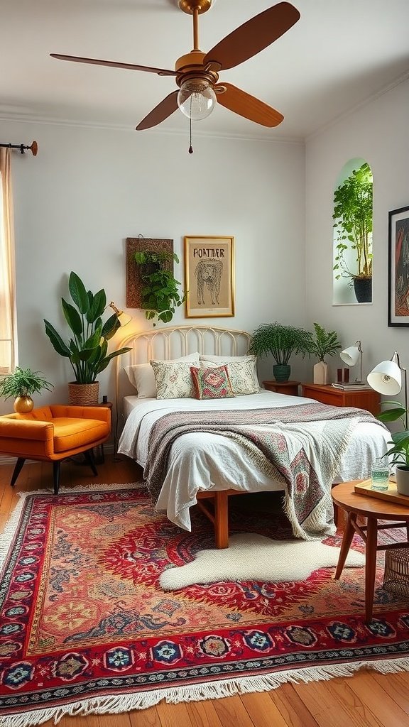A cozy bedroom featuring a vintage bed, colorful rug, and plants, showcasing Boho Mid-Century Modern design.