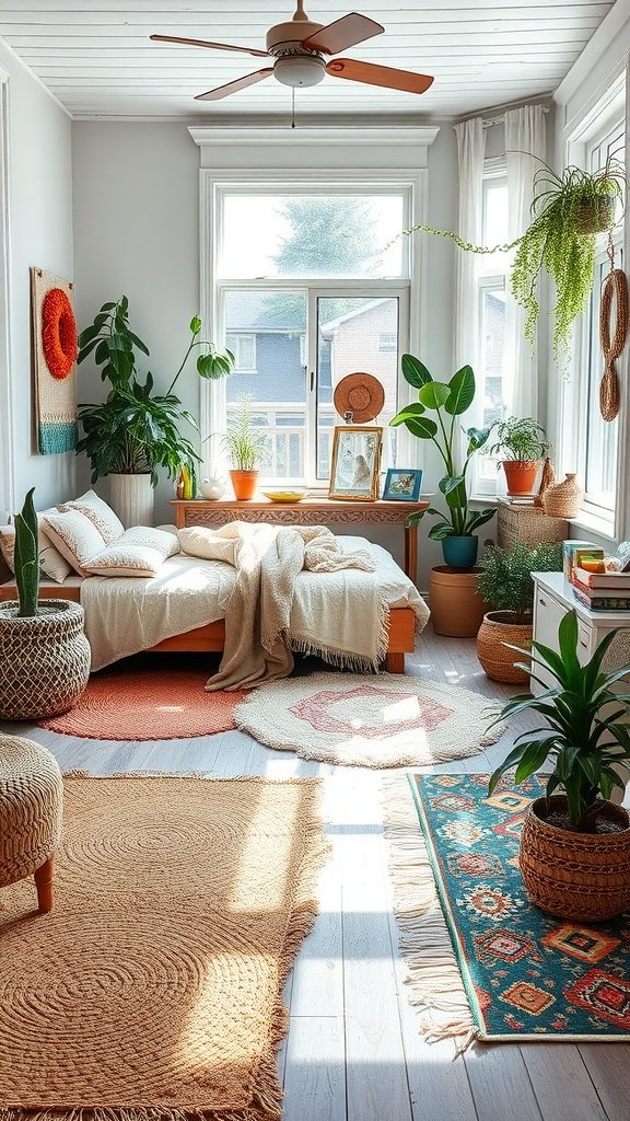 A bright, stylish bedroom with layered rugs, plants, and cozy decor elements.