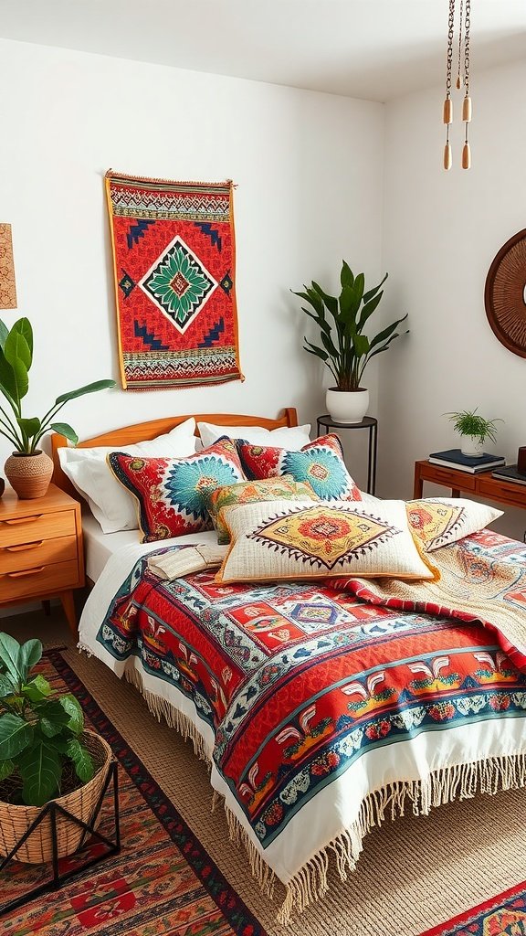 A vibrant Boho Mid-Century Modern Bedroom featuring a colorful bedspread, tribal prints, and plants.