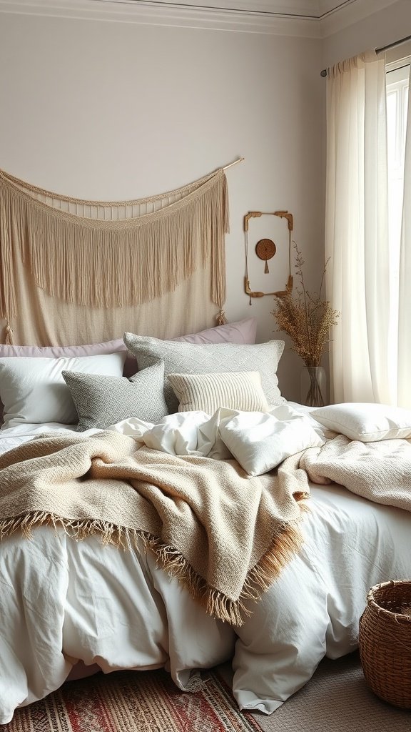 A cozy bohemian bedroom with layered pillows, knitted throws, and a woven tapestry.