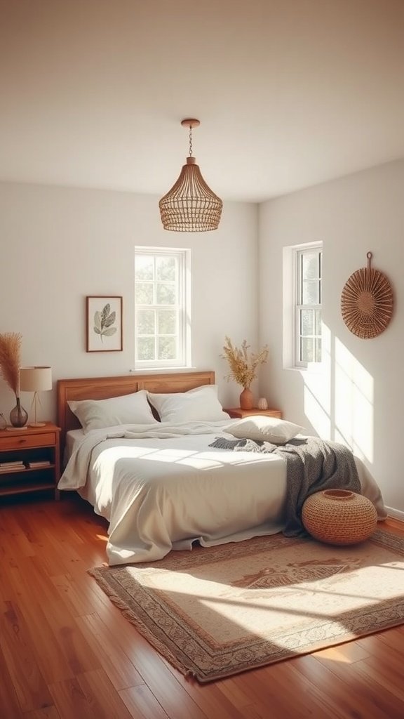 Minimalist boho bedroom with white bedding, woven rugs, and natural decor.