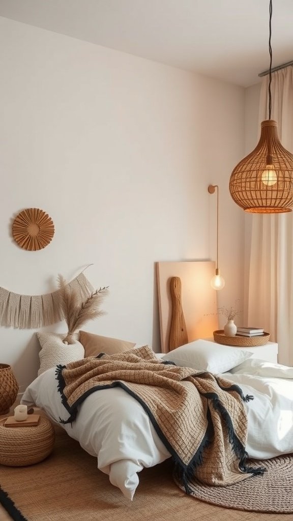 A cozy minimalist bedroom with warm woven pendant lights, soft fabrics, and natural decor elements.