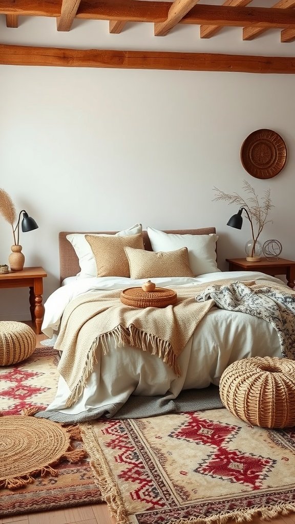 A cozy Boho style bedroom featuring layered rugs, a bed with textured blankets, and natural decor elements.