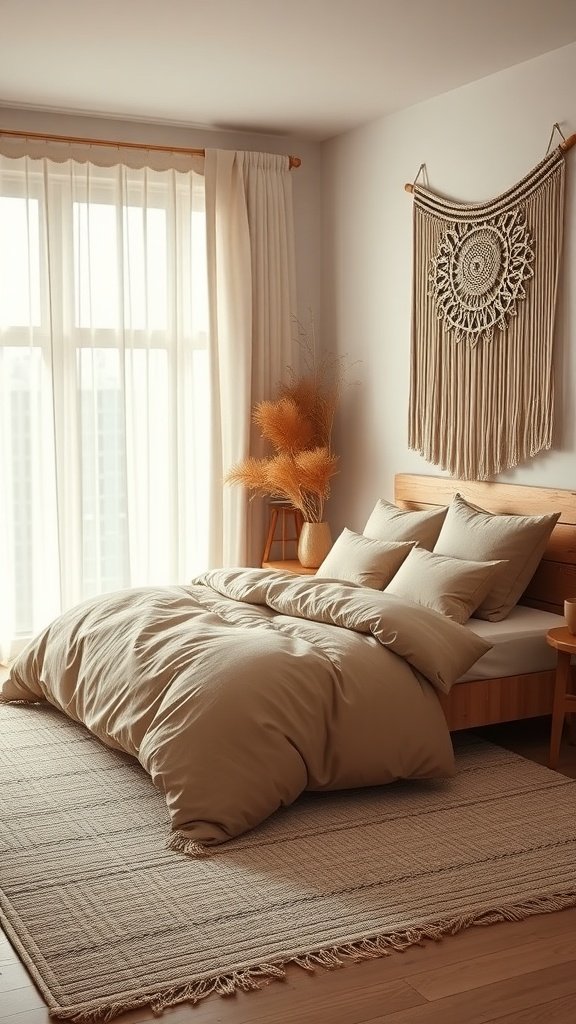 A minimalist boho bedroom featuring a beige duvet, macramé wall hanging, and large windows with flowing curtains.