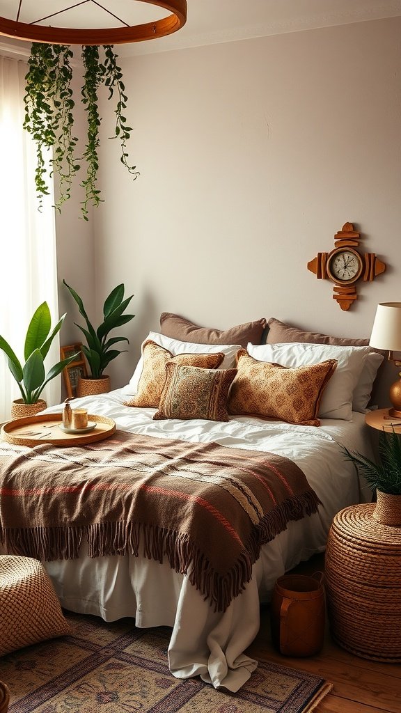 A cozy Boho-style bedroom featuring a bed with patterned pillows, a woven throw, plants, and wooden decor