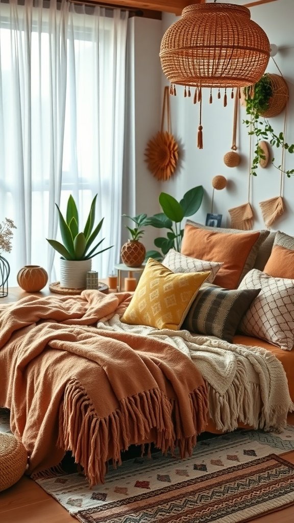 A cozy boho bedroom featuring layered blankets, patterned pillows, and indoor plants.