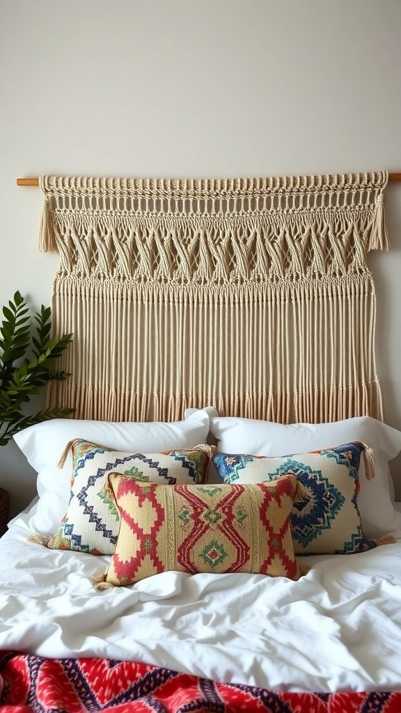 A macrame headboard with intricate knot patterns and decorative pillows on a bed.