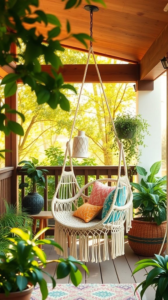 A macrame swing hanging on a porch surrounded by plants and colorful cushions.