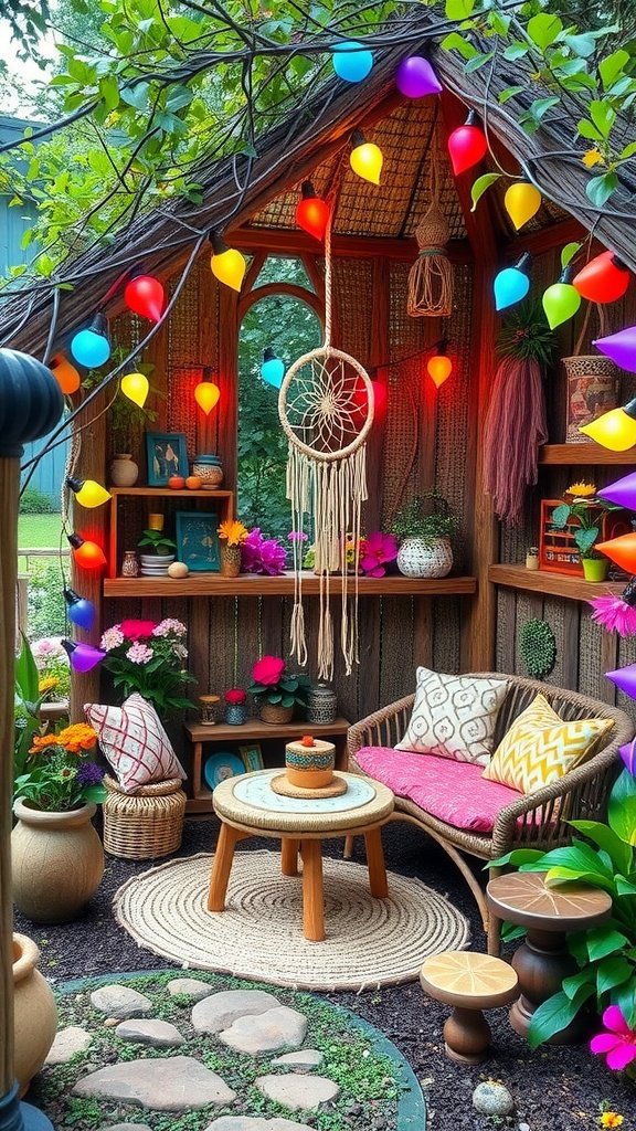 Cozy boho garden retreat with colorful lights, cushions, and plants