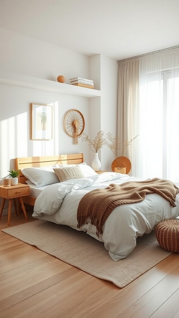 A modern boho bedroom featuring a wooden bed, soft bedding, and minimalist decor with natural light.