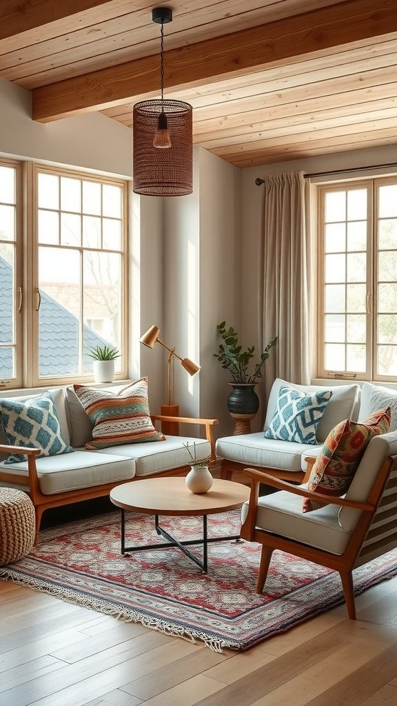 A cozy seating area in a Boho Mid-Century Modern Bedroom with patterned pillows, a round coffee table, and large windows.