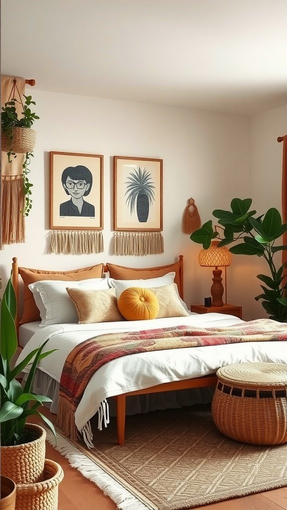 A cozy, boho-style bedroom featuring plants, artwork, and warm textiles.