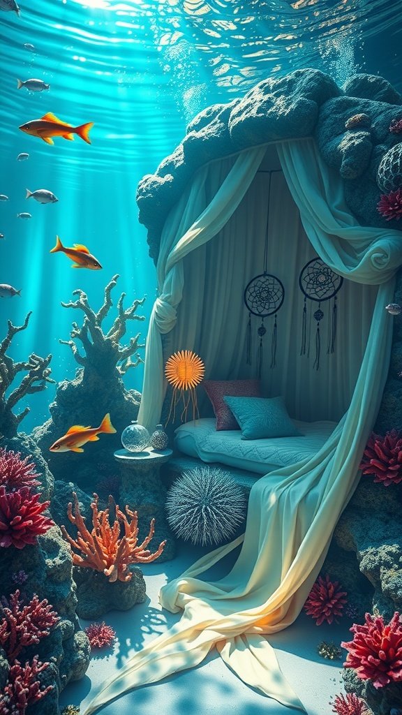 Boho bedroom design with an underwater theme, featuring a cozy bed surrounded by coral and colorful fish.