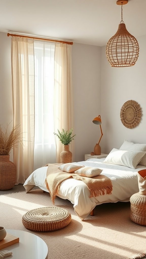 A minimalist boho bedroom featuring a bed with neutral bedding, woven decor, and natural light.