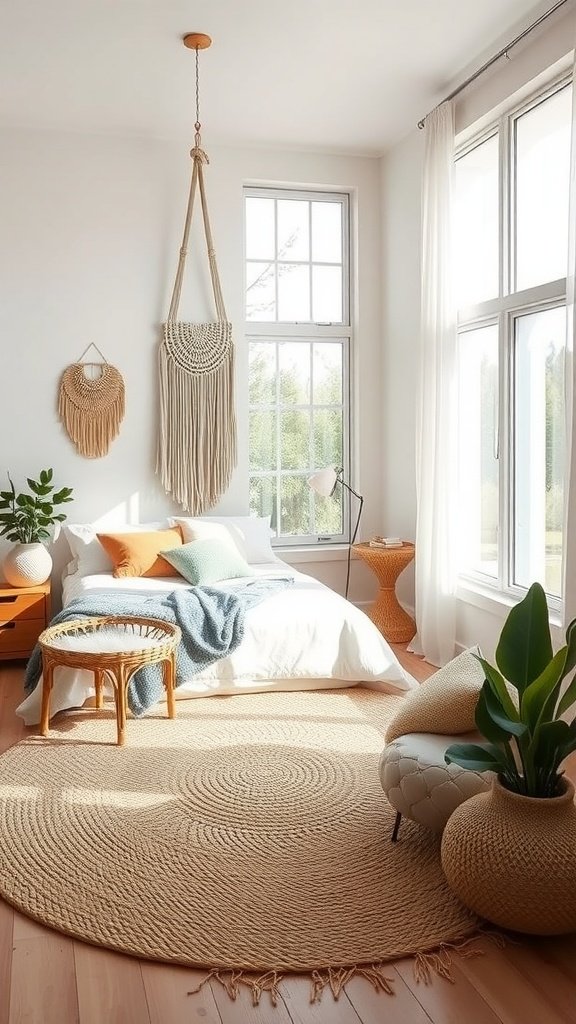 Minimalist Boho bedroom with a jute rug, white bed linens, and natural light