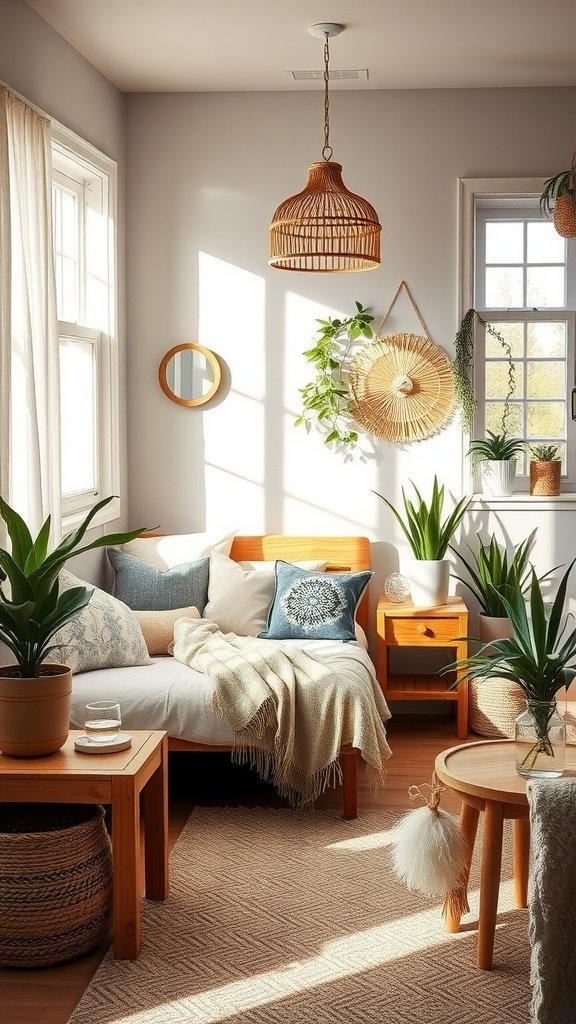 A minimalist boho bedroom in a small apartment featuring natural light, plants, cozy textiles, and wooden furniture.