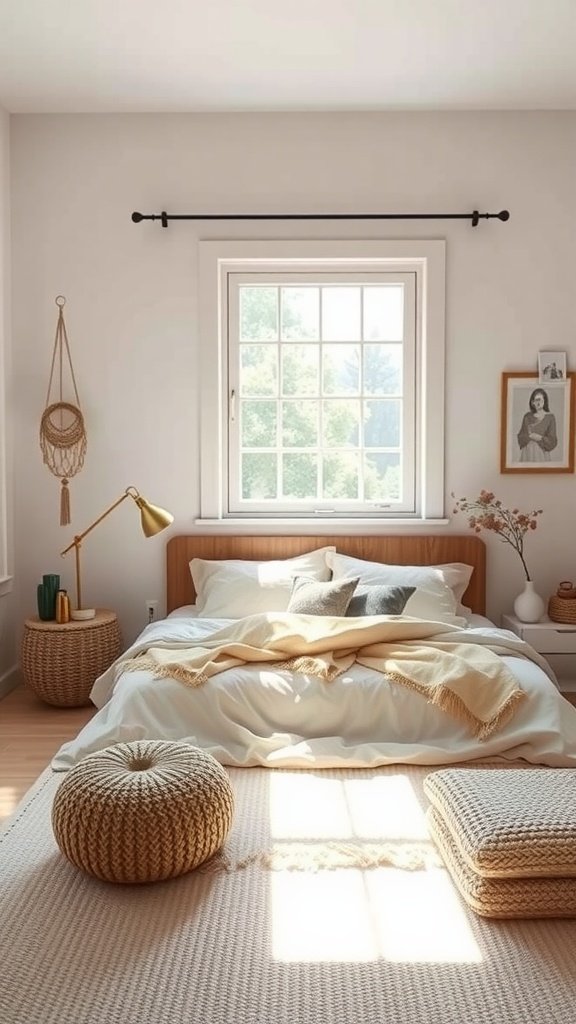 Cozy and stylish minimalist boho bedroom with soft colors and modern decor.