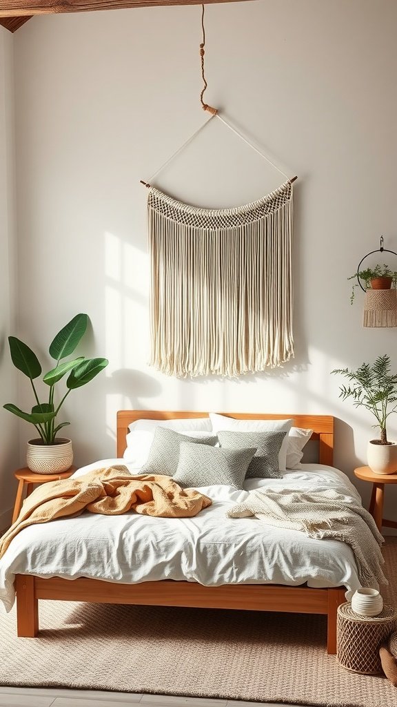 A cozy minimalist boho bedroom featuring a wooden bed, layered bedding, macrame wall art, and potted plants.