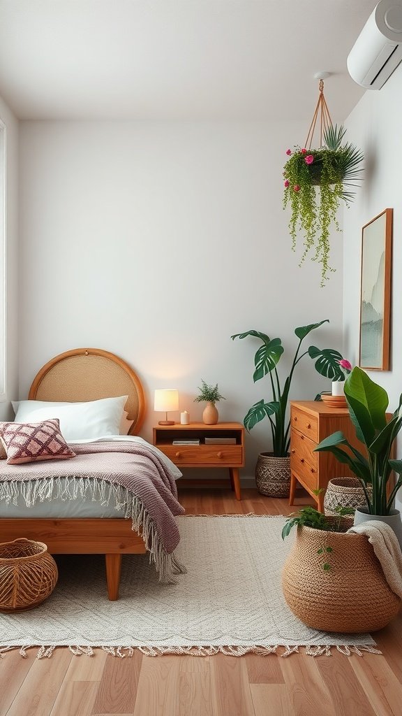 A minimalist boho bedroom with wooden furniture, floral accents, and plants.