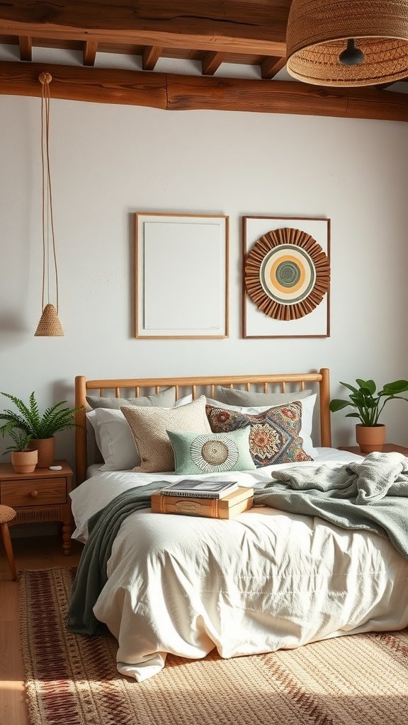 A cozy minimalist boho bedroom with light linens, colorful pillows, potted plants, and natural wood decor.