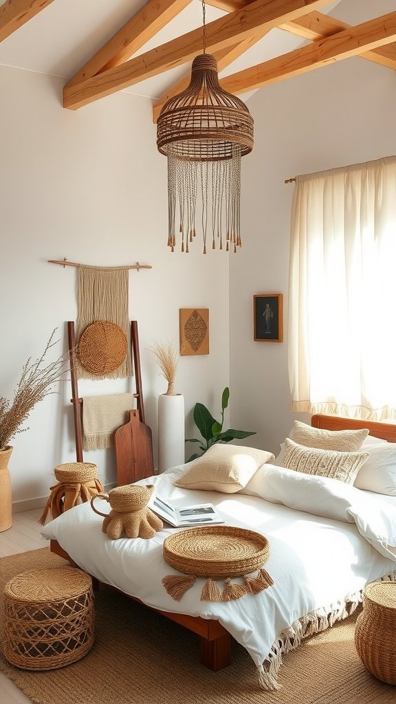A minimalist boho bedroom featuring a cozy bed, woven accessories, and a pendant lamp
