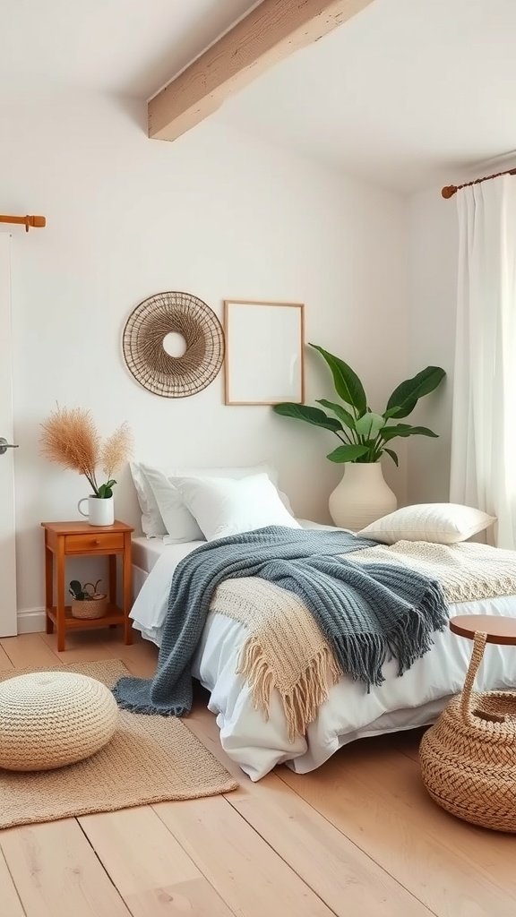 A minimalist cottage boho bedroom featuring a bed with knitted blankets, woven wall art, and a large indoor plant.