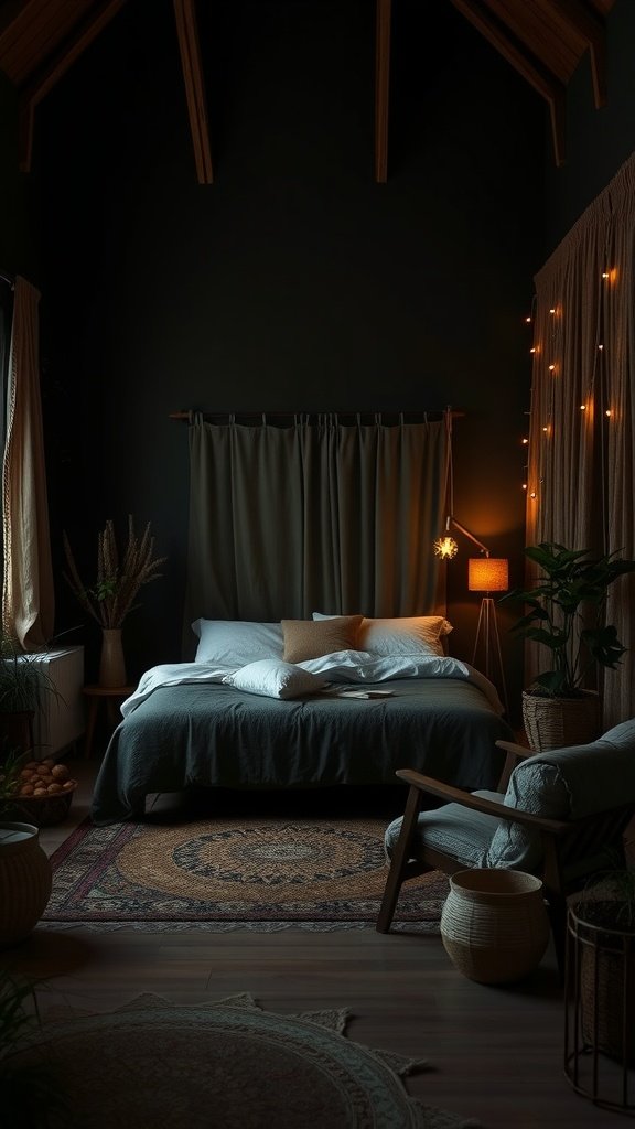 A dark boho bedroom with minimalist decor, featuring a cozy bed, plants, and warm lighting.