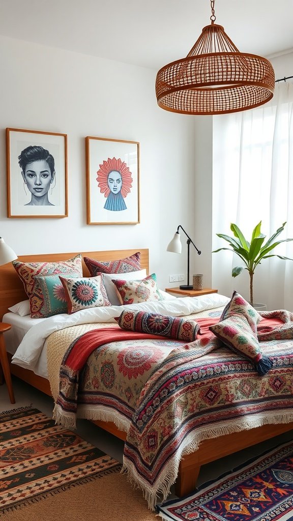 A cozy boho bedroom featuring colorful patterned bedding, decorative pillows, and artistic wall decor.