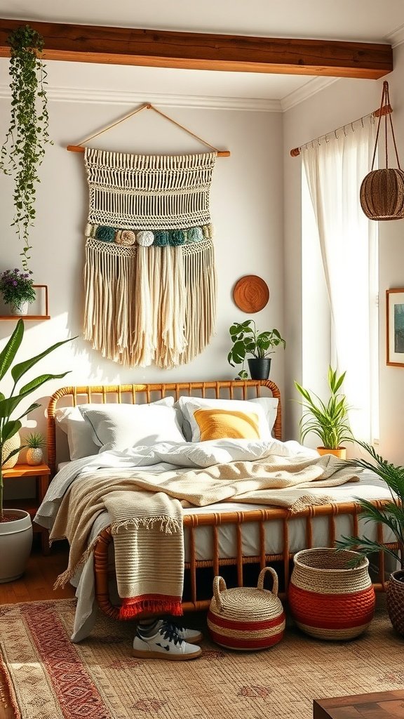 A cozy modern boho bedroom featuring a rattan bed, macramé wall hanging, and plenty of plants.