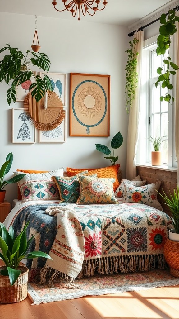 Cozy boho bedroom corner with patterned bedding, vibrant pillows, and green plants.