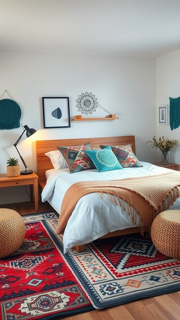 A cozy modern boho bedroom featuring a geometric patterned rug, colorful pillows on the bed, and woven wall decor.